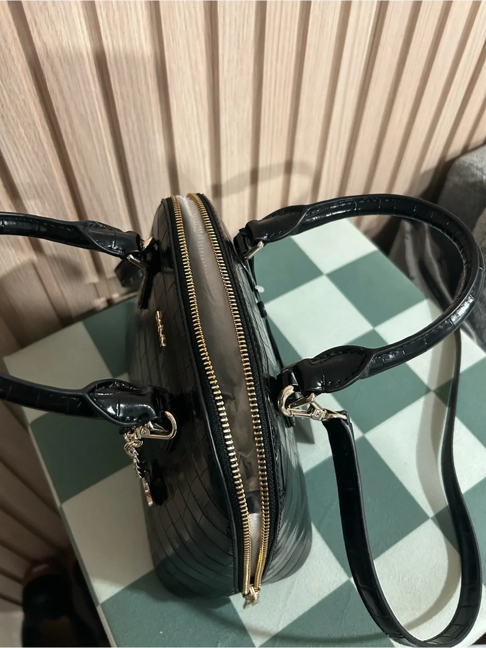 DKNY Black Croc-Embossed Satchel with Gold Hardware